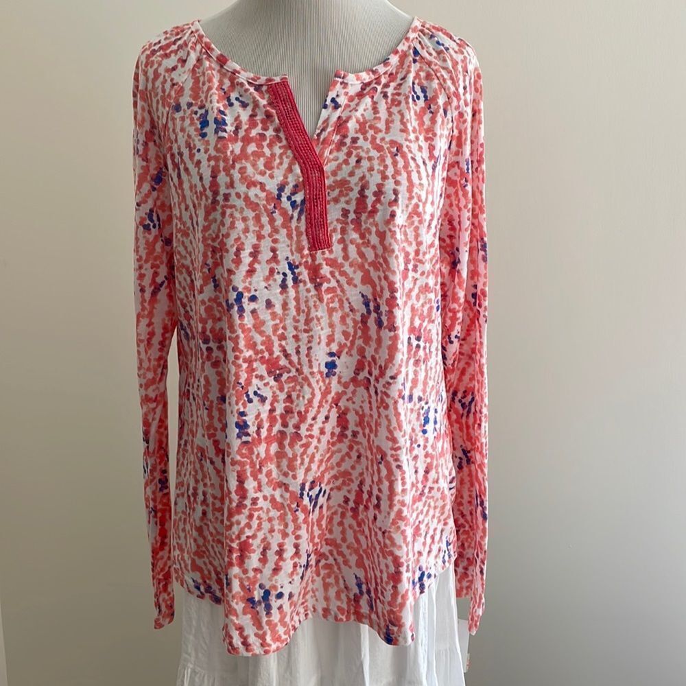 NWT orange and blue dots long sleeve with V open on neck women’s large